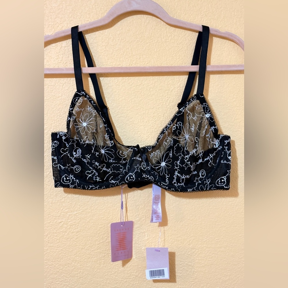 Savage X Fenty Dear Diary Embroidered Unlined Bra Black Caviar Size 38D NWT